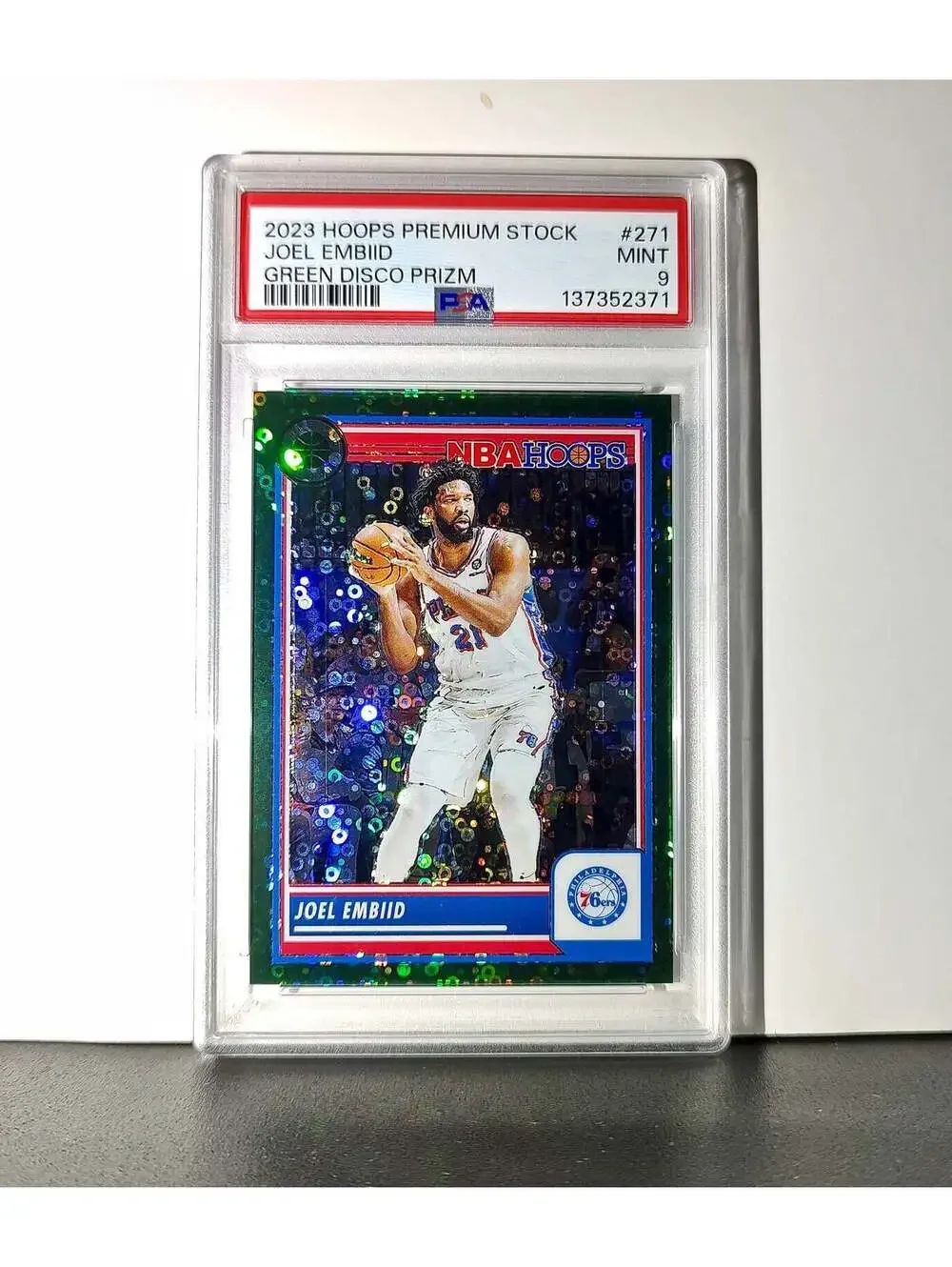 Joel Embiid 2023 Panini Hoops Premium #271 5/5 Green Disco Prizm PSA 9 Mint